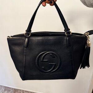 Gucci Black Leather Shoulder Bag with Tassel Accent